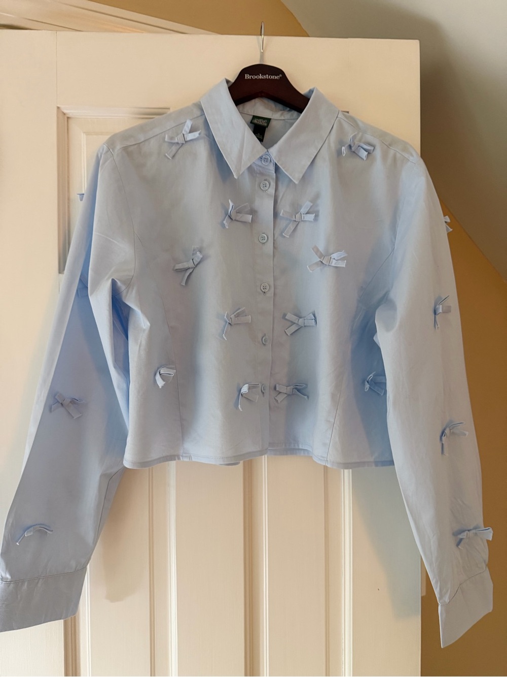wild fable Light Blue Bow-Appliqué Cropped Button-Down Shirt